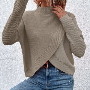 Khaki Casual Women's Stand Collar Pullover Sweater with Dropped Shoulder